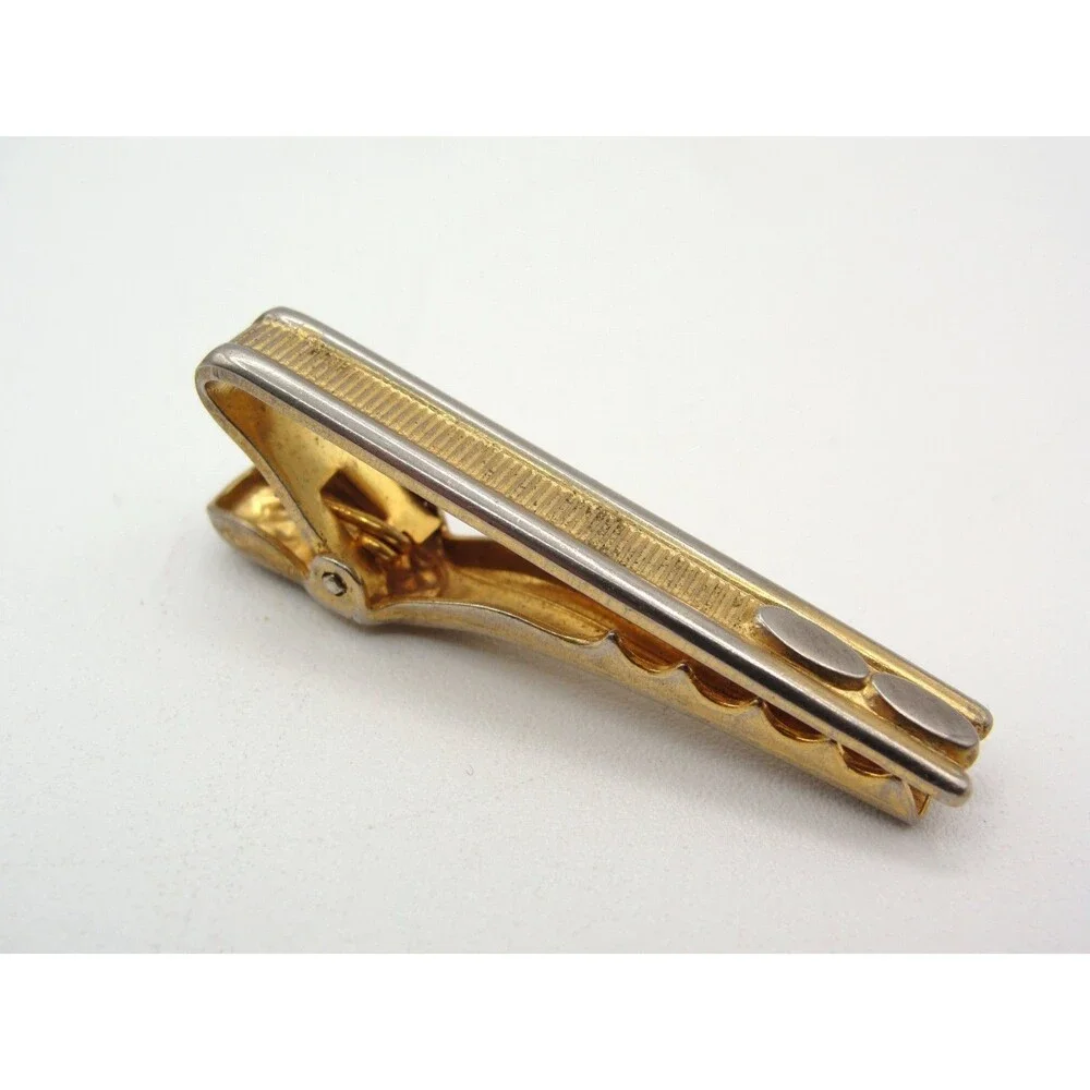 Vintage Two Tone Gold Silver Textured Tie Clip Bar Oval MCM Mens Wedding Jewelry